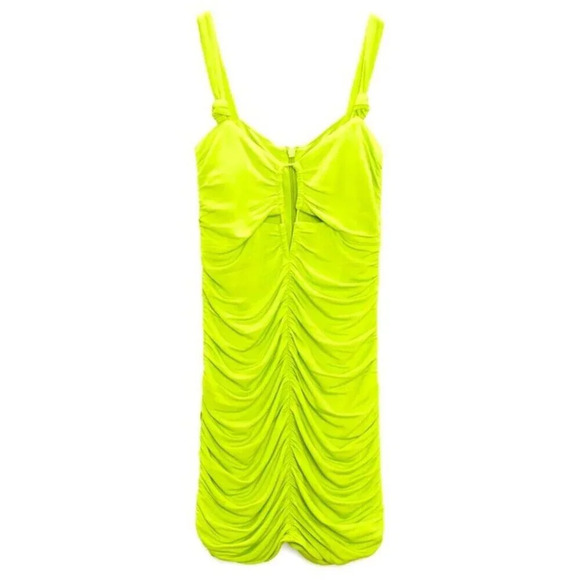 New Zara ruched keyhole bodycon dress in lime neon yellow green size S - Picture 2 of 7